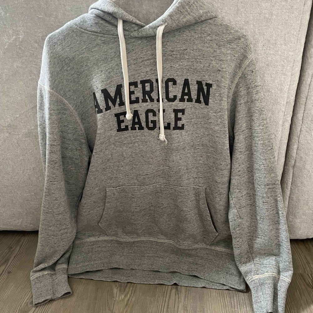 American Eagle Outfitters Light Grey Hoodie with Logo and Drawstrings